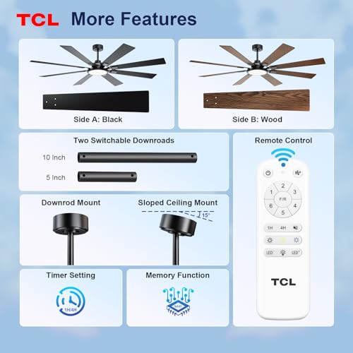 Image of TCL Ceiling Fans with Lights and Remote: 8 Blades, Quiet Reversible DC Motor, Dimmable Super Bright LED, Noiseless Large Modern Fan for Room, Outdoor, Commercial and Industrial Use (Black, 72 Inch)