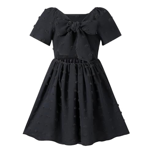 Image of HILEELANG Girls Summer Dress Bow Tie Back A-Line Party Dress for Little Big Girls Short Sleeve Dress with Lining 6-12 Years