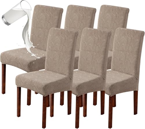 6 PCS Waterproof Chair Covers for Dining Room Stretch Jacquard Dining Chair Slipcovers Removable Washable Chair Protector for Kitchen Hotel Restaurant (Brown)