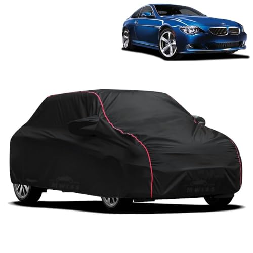 Image of Waterproof Car Cover for BMW 325i | All-Weather Protection, Dustproof & UV Resistant | Triple Stitched Mirror Pockets, Windproof Buckle Strap with Elastic Hem, Black-Red Piping