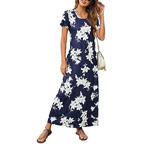 Hount Maxi Dress for Women Short Sleeve Summer Casual Beach Tshirt Dresses Navy White L Cover