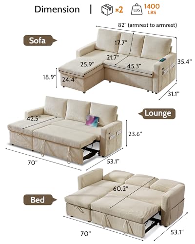 Image of WEUP 82 inch L Shaped Sectional Sleeper Sofa Bed with Pull Out Bed, Sectional Sleeper Couch Pull Out Couch with Reclining Backrest /Reversible Storage Chaise /USB Ports /Tool-Free Assembly, Corduroy Beige