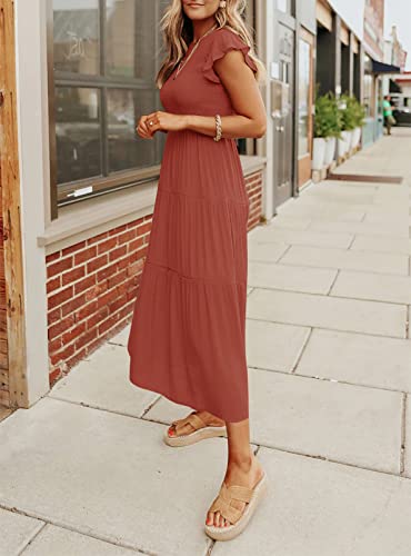 Zcsia Women's 2023 Summer Casual Ruffle Short Sleeve Crewneck Smocked Tiered A Line Midi Dress,Rust,Small #TOP2