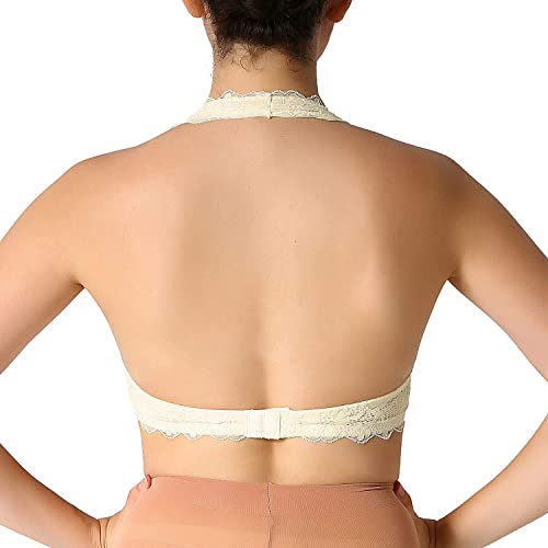 Jojoans Halter Lace Bralette Unpadded Wireless Sheer Bra Bustier Full Coverage Lingerie Cream White #TOP3