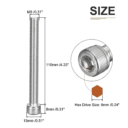 DTGN M8x110mm Socket Head Cap Screws Bolts, 5Pcs 304 Stainless Steel 18-8, Metric Machine Hex Socket Screw, Hex Drive - Image 2