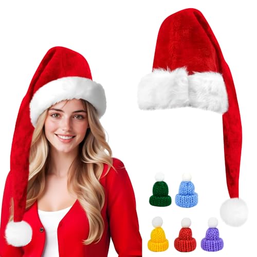 VGECEE Cappello Natale con 10 Mini Cappellino Natalizio, Cappello Lungo da Babbo Natale Cappelli da Babbo Natali per Unisex Cappelli Babbi Natali Peluche per Bambini Adulti per Festa, Cosplay