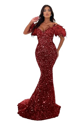 Image of Sequin Feathers Mermaid Prom Dresses 2026 Off Shoulder Sparkly Long Formal Evening Party Gowns with Train
