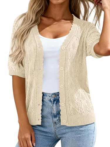 PRETTYGARDEN Spring Womens Sweaters 2026 V Neck Loose Fit Knit Lightweight Short Sleeve Cardigans Hollow Out Crochet Top (Beige, Medium)