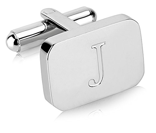 18K White-Gold Plated Initial Engraved Stainless Steel Men’s Cufflinks With Gift Box -Personalized Alphabet Letter’s A-Z By Lux & Pair (J- White Gold) #TOP1