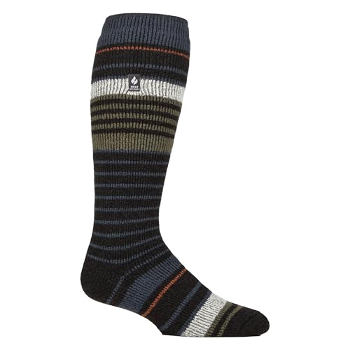 HEAT HOLDERS - Calcetines de esquí gruesos extra largos a rayas 2.3 TOG de invierno térmicos hasta la rodilla para hombre, Carbón/Oliva, Altoa única