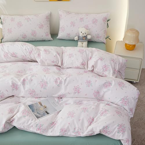 Image of LifeTB Aesthetic Floral Comforter Set Queen, 3 Pieces Pink White Cottagecore Comforter Floral Bedding Set, Lightweight Vintage Botanical Flowers Comforter with 2 Bow Ties Pillowcases for Girls Women