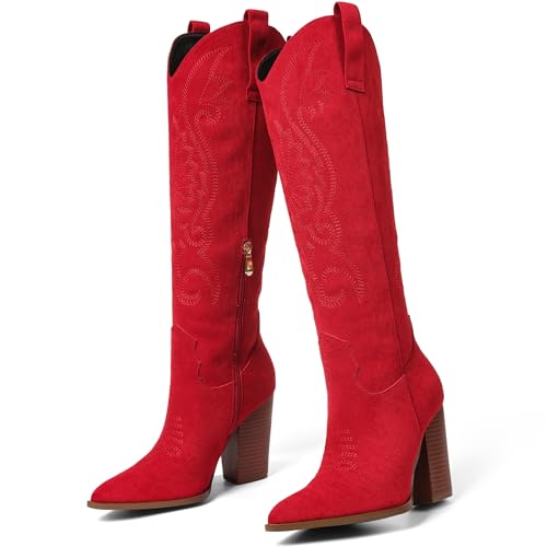 Image of VOMIRA Knee High Cowboy Boots for Women Pointed Toe Chunky High Heels Pull-on Embroidered Boots Western Boots Wide Calf Cowgirl Boots