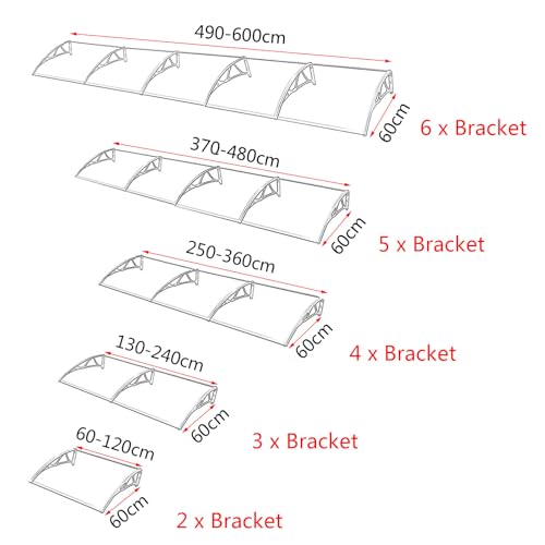 Auvent de porte 60x520 cm en polycarbonate transparent avec support aluminium robuste - 3