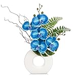 Oairse Artificial Orchid Flowers 41cm Blue Orchid Silk Flowers with Ceramic White Vase Faux Phalaenopsis Flower Arrangement for Home Office Kitchen Table Centerpiece Decoration