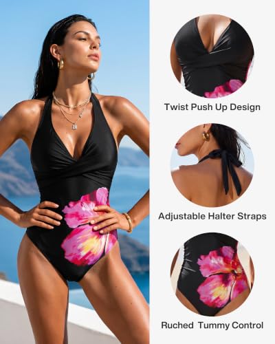 Image of SUUKSESS Women Sexy Tummy Control One Piece Swimsuits Halter Push Up Bathing Suits