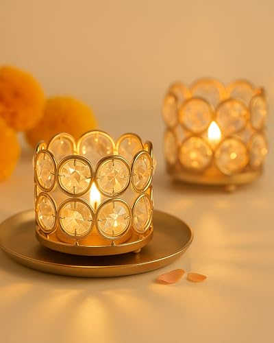 Homesake® Crystal Tea Light Candle Holders, Votives Bowl Candle Holders for Home Decoration, Diya Diwali Lights Centerpieces for Wedding Home Party Table Decoration, (Gold Set of 2)