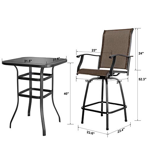 Nuu Garden 3 Pieces Swivel Outdoor Bar Set, Bar Height Outdoor Furniture Set With Silk Screen Glass Table, All-Weather Textilene Patio Chairs For Backyard, Garden Black With Gold Speckles And Brown #TOP5