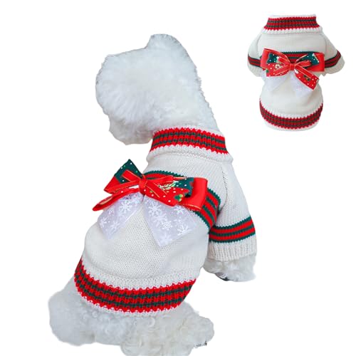 MeiAOBest Pet Christmas New Year Sweaters,Cat Dog Knitted Jumper with Bow,Cold Weather Puppy 2-Leg Knitwear Pullover for Cat Puppy Small Dog_M(White)