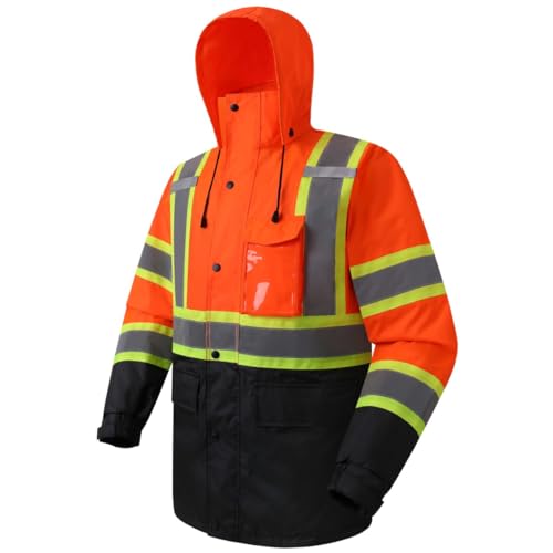 Image of JKSafety Hi Vis Rain Jacket for Men Women Class 3 Rain Gear OBlack 3XL | Hi Vis Waterproof 150D Oxford Rain Suit Breathable Mesh Lining 7 Reflective Strips for Outdoor Work in low-light environment
