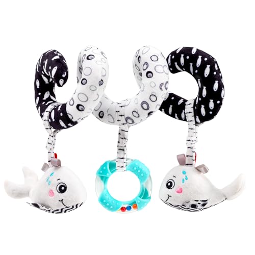 Image of Black and White Spiral Car Seat Toy for Babies 0-12 Months - Soft Plush Hanging Crib Toys with High Contrast Design, Newborn Sensory Play and Brain Development, Stroller and Infant Carseat Toy