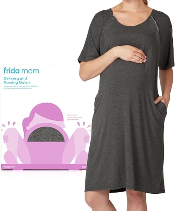Frida Mom Labor and Delivery Gown For Hospital, Easy-Snap, Tagless Nursing Gown with Skin-to-Skin Access and Full Coverage in The Back Charcoal