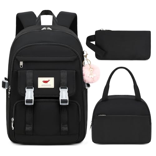 3 PCS Backpack for Teen Girls,Laptop Backpacks 15.6 Inch School Bag with Lunch Box Pencil Pouch Set for Students Aesthetic College Bookbag Travel Daypack(Black)
