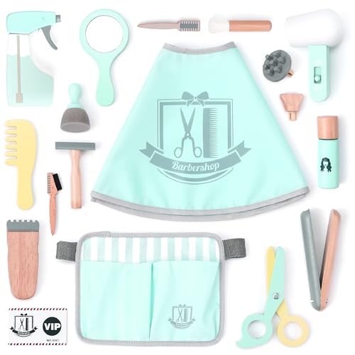 UMU&reg; Kinder Holz Friseur Spielset mit Tasche f&uuml;r Friseurwerkzeuge inkl. Friseurumhang, Schere, Haargl&auml;tter, Spiegel u. v. m., 18 Stk Set, Spielzeug zum Rollenspiel, Frisierkoffer f&uuml;r 3, 4, 5 Jahre alt