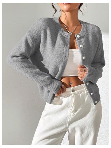 Image of SweatyRocks Women's Fall Button Down Lightweight Cardigan Ribbed Knit Long Sleeve Crew Neck Sweater