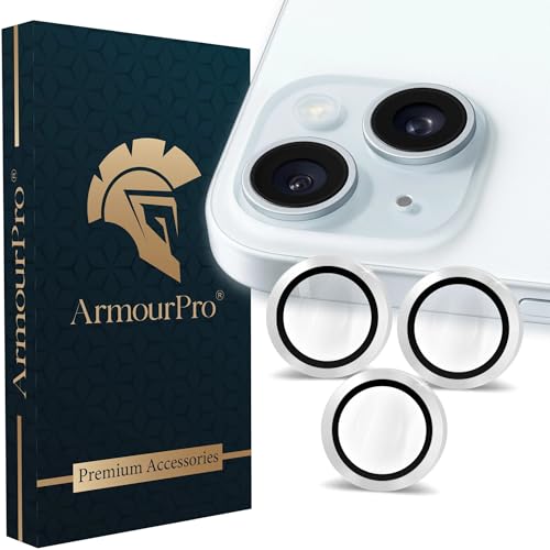 Image of ArmourPro Premium Camera Lens Protector Tempered Glass Compatible For iPhone 15 and iPhone 15 Plus Tough HD Individual Aluminum Alloy Rings 9H Camera Cover , Scratch-Resistant,Camera Lens Protection| Silver
