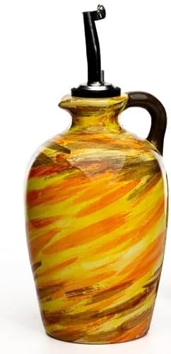 Generico Bottiglia olio in Ceramica con Manico,Oliera da Tavolo Dipinta a Mano con Tappo Versaolio Salvagoccia 500 ml, dimensione, 18 altezza,8 diametro modello (arancio 079)