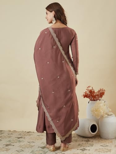 Image of MOKOSH Women's Silk Embroidery Anarkali Kurta Pant with Dupatta