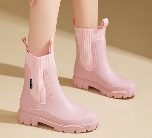 Waterproof Non-Slip Thick Sole Mid-Calf Boots, Ankle Rain Boots for Women, Outdoor Garden Rain Shoes Elastic Mouth Slip-On Soft Outsole Rain Boots