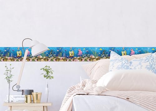Selbstklebende Bordüre Sponge Bob AG Design, AWBD 8030 | Wasserfest Kinderzimmer Wand Aufkleber Dekoration | Wandbordüre für Mädchen und Junge | Folie, Mehrfarbig | Breite 500 cm x Höhe 13.8 cm