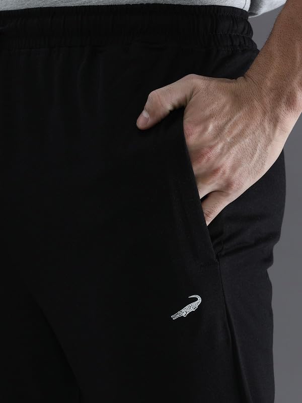Image of CROCODILE Men Solid Regular Fit Track Pant | Mid Rise | Drawstring Waist | Regular Length | Casual Sports Lounge Bottomwear Jet Black