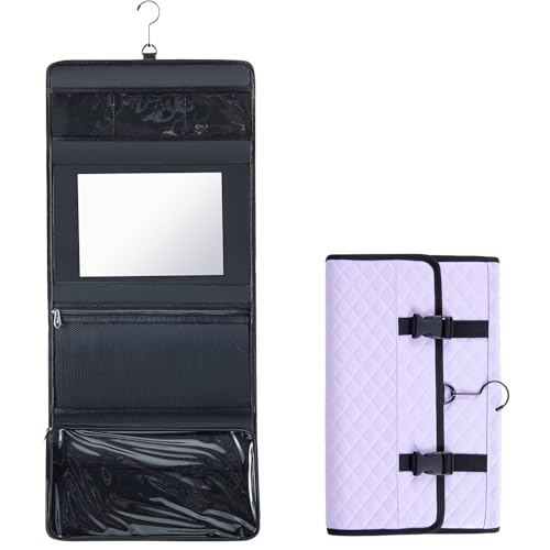 Travel Hanging Toiletry Bag with Mirror Leather Travel Hanging Mirror Foldable Dance Competition Makeup Bag Backstage Cosmetic Organizer for Traveling Dancers Artists Home Spa(Purple)