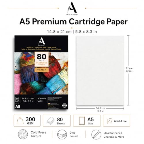 Image of ArtRight Artists' Sketching Paper (A5 Pack of 80 Sheets, 300 GSM); Handmade Cartridge Mixed Media Sheets of 300GSM for Pencil, Charcoal and Ink Media