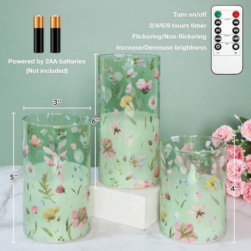 Image of Flameless Candles with Remote Timer, Glass Battery Operated LED Candles, Green Floral Design, Cylindrical Shape, Set of 3 for Home Party Wedding Decor