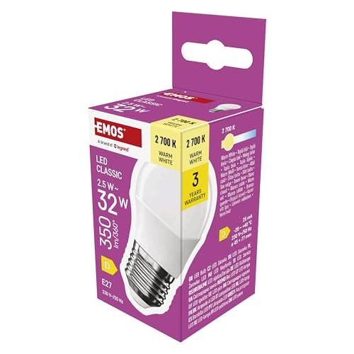 EMOS LED Lampe Mini Globe, 2,5W Ersatz für 32W Glühbirne, kleine Birne mit E27 Sockel, Helligkeit 350 lm, Warmweiß 2700 K, 30000 h Lebensdauer, CRI min. 80, 150° Abstrahlwinkel