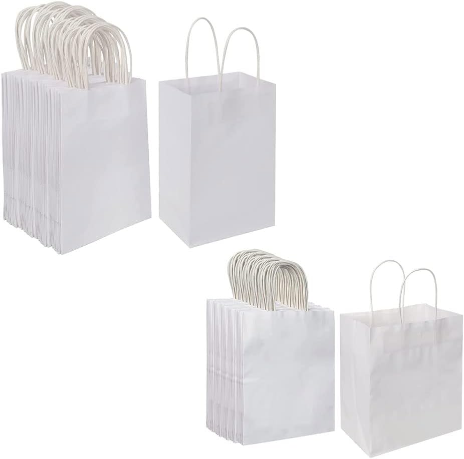 Oikss Each 100 Pack Small & Medium White Kraft Paper Gift Bags with Handles Bulk
