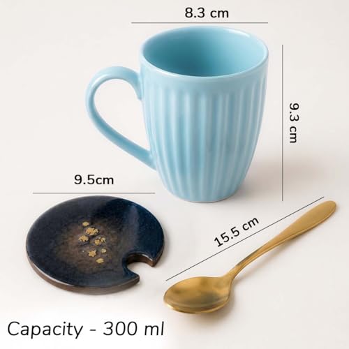 Image of The Earth Store Pastel Glam SkyBlue Coffee Mug with Lid and Spoon Set of 2 | 300ML Ceramic Coffee Mugs Set of 2 | Resin Art Wooden Lid & Golden Spoon | Premium Coffee Mugs for Gift