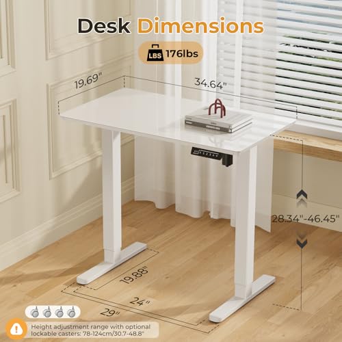 Image of JOY worker Small Glass Standing Desk, 35 inch x 20 inch Electric Whole Piece Height Adjustable Desk with 4 Lockable Casters, Mobile White Sit to Stand Workstation for Home Office