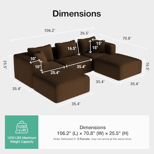 Image of Novilla 106 inch Modular Sectional Sofa, U Shape Cozy Sectional Couch, Modern Cloud Design with Smarts Coil Support, Boneless Sectional Couch for Living Room Apartment, No Assembly Required, Brown