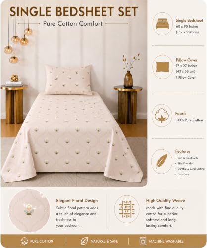 Image of RRC Floral Printed Bedsheet for Single Bed with Pillow Cover,60X90 Inches Single Bed Sheet, Elegant Bedroom Bedding, Comfortable Home Bedsheet, Pillow Cover Size 17 x 27 Inches