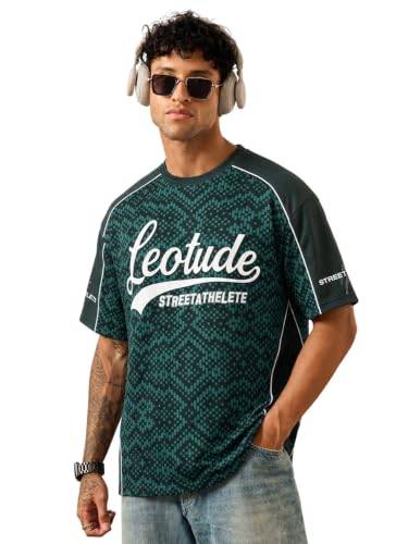Image of LEOTUDE Oversized Sports T-Shirt for Men | Streetwear Printed Half Sleeve Round Neck Jersey Style Tee | Casual Gym & Athleisure Wear (Color:Purple)