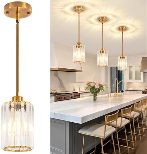 3 Pack Brushed Gold Pendant Lights Kitchen Island, Modern Crystal...