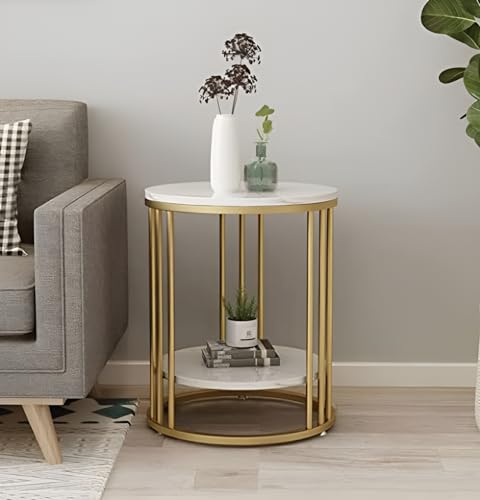 Al Hama Round Coffee and Side Accent End Table with Engineered Wood Tabletop and Gold Powder Coated Metal Frame for Living Room (Gold & White)
