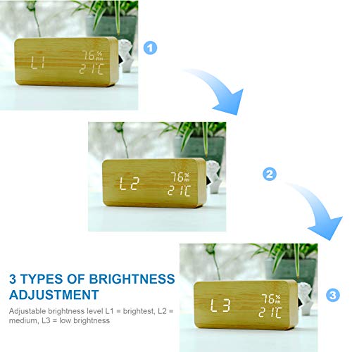 Higrômetro Digital,mewmewcat Despertador de mesa de madeira com dia, temperatura, umidade, brilho, 3