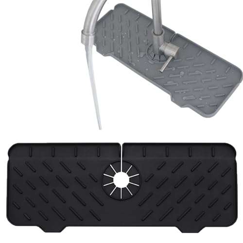 MoMoxi Alfombrilla de silicona para grifo, protector contra salpicaduras de fregadero, tapete para grifo de baño, cocina, baño, lavandería, granja, bar y caravana (negro, 14.56 pulgadas)
