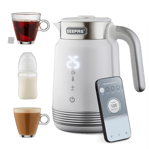 GEEPAS Digital Electric Kettle | 1.7L Wifi Tuya Smart App Control Alexa Google Voice Compatible Digital Display Auto Shut Off Cool Touch Stainless Steel Strix controller | 2 Year Warranty 2200W White