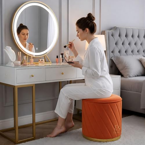 Image of Luxury Round Velvet Ottoman Stool with Gold Base - Modern Upholstered Footrest Pouffe, Tufted Vanity Seat, Living Room Bedroom Dressing Stool (Orange)
